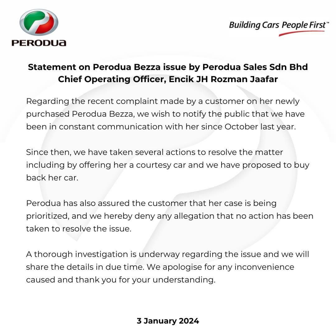 Perodua Keluarkan Kenyataan Mengenai Bezza ‘Gula’