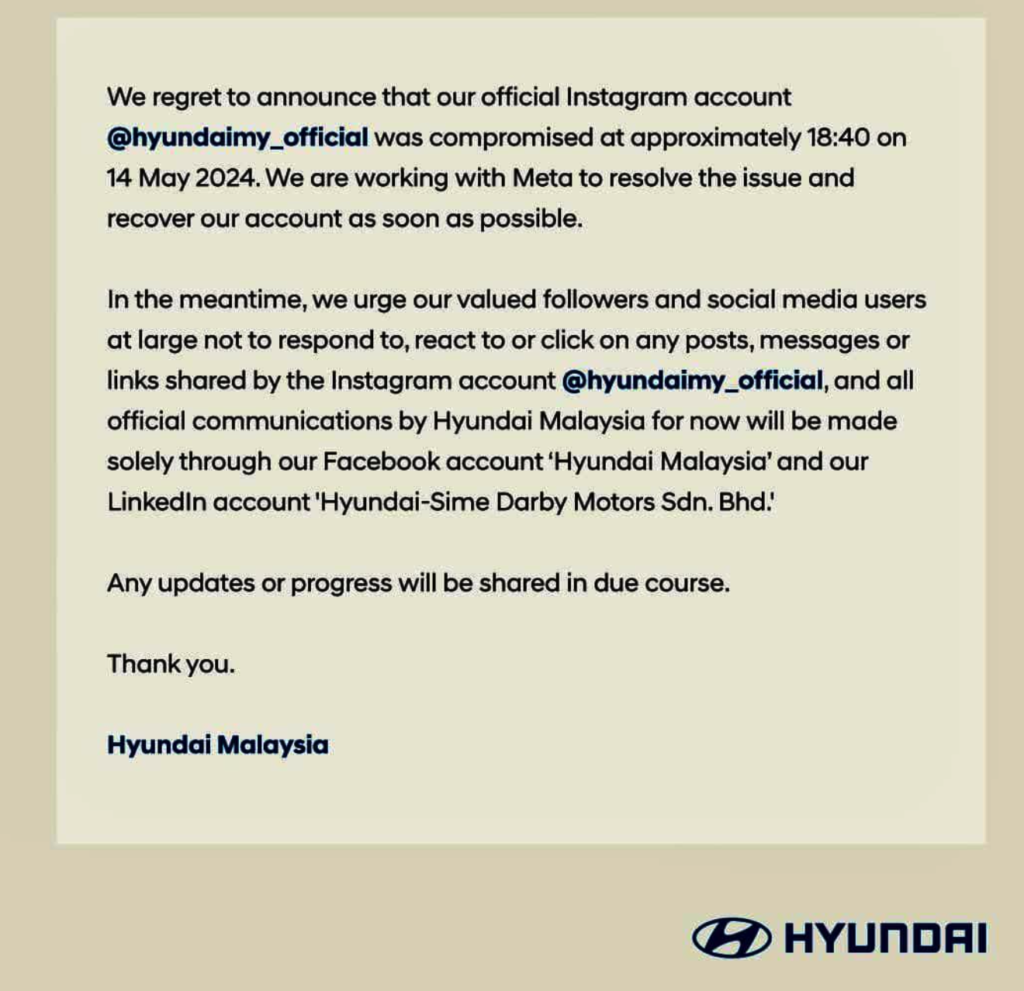 Hyundai Malaysia’s Official Instagram Account Compromised