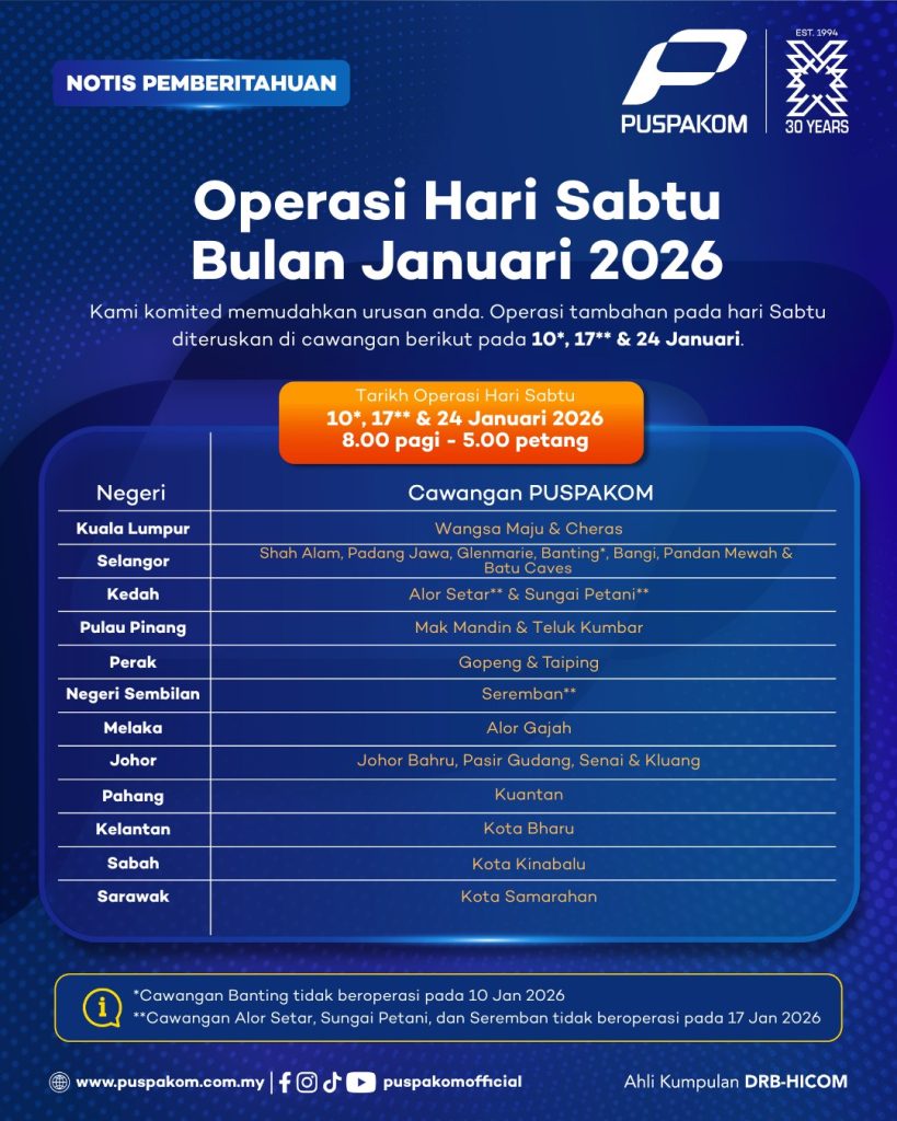 Puspakom Beroperasi Hari Sabtu di Seluruh Negara Tetapi Hanya Untuk Januari